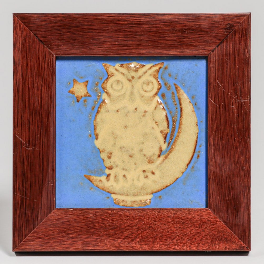 Arts & Crafts Period Owl & Moon Tile c1910 (1 of 2)