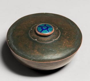 Boston Arts & Crafts Hammered Copper & Enameled Covered Bowl c1910