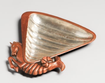Los Castillo - Taxco, Mexico Hammered Copper & Silver Seahorse Tray c1950s