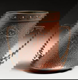 WMF - German Hammered Copper & Brass Two-Handled Vase c1905