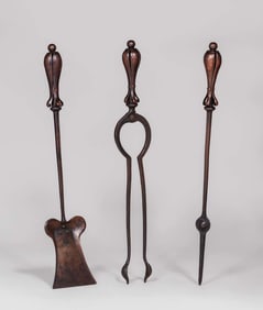 Gustav Stickley #138 Hammered Copper & Hand-Forged Iron Fireplace Tools c1905