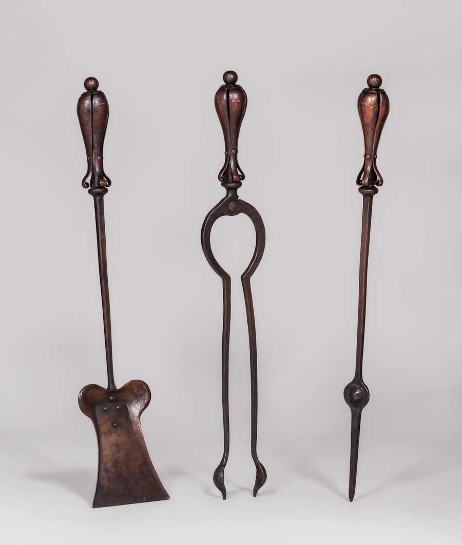 Gustav Stickley #138 Hammered Copper & Hand-Forged Iron Fireplace Tools c1905 (1 of 2)