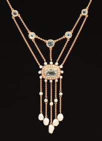 Boston 14k Gold Festoon Necklace Faceted Aquamarine & Pearls c1910