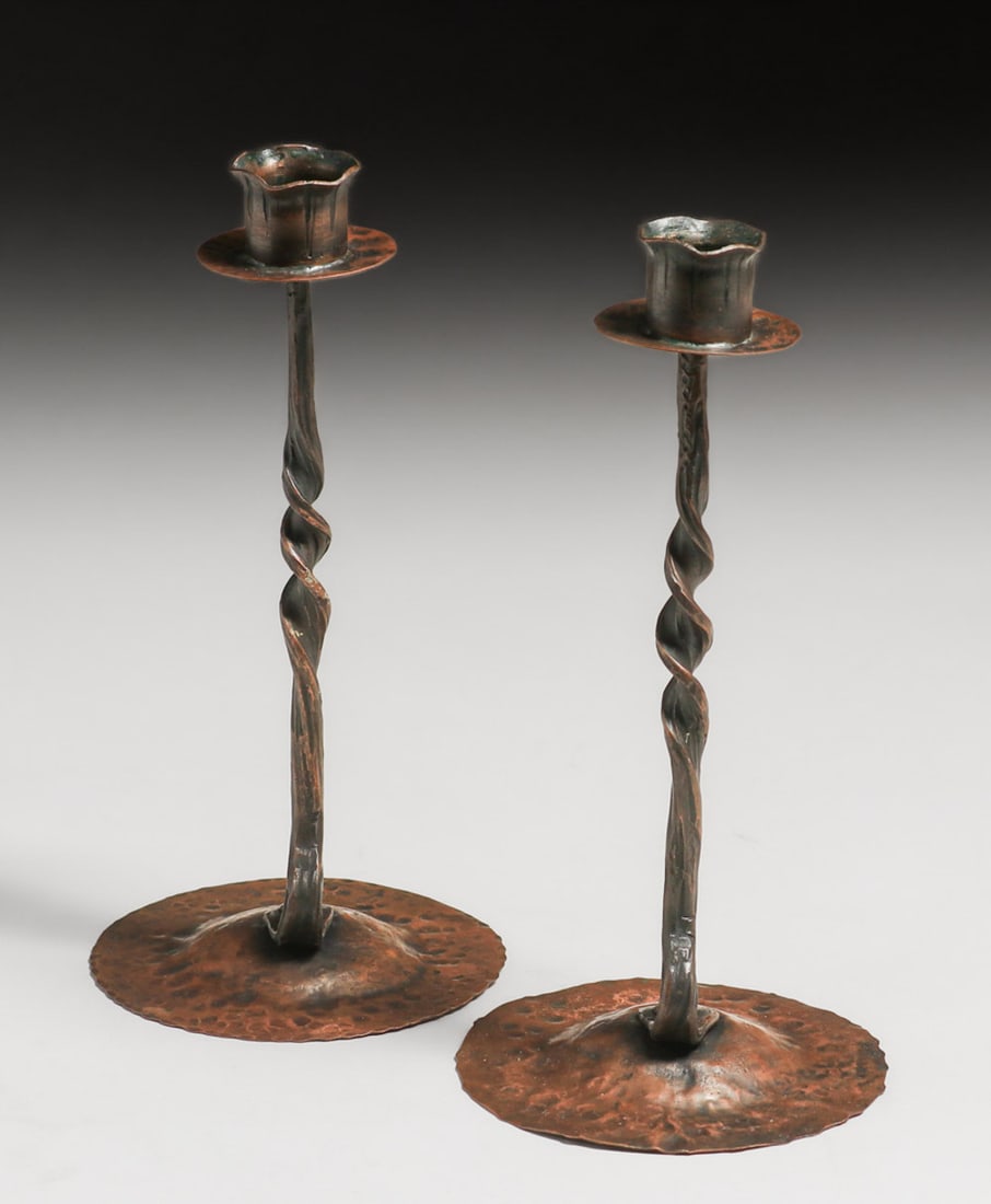The Kopper Kraft Shop - Buffalo, NY Hammered Copper Candlesticks c1920s (1 of 7)