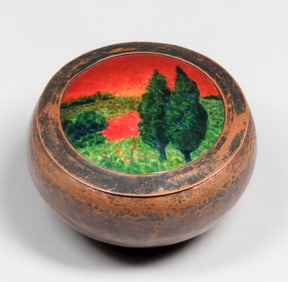 Boston Arts & Crafts Hammered Copper & Enamel Covered Box c1910s