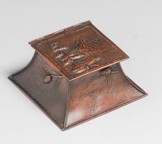 Elizabeth Burton - Santa Barbara, CA Hammered Copper Landscape Repousse Inkwell c1905