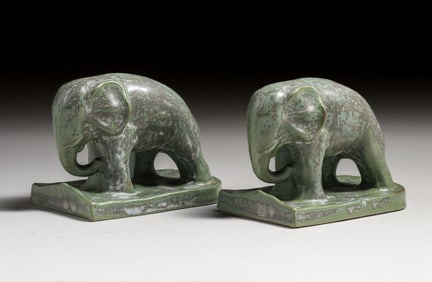 Monmouth Pottery Green Micro-Crystalline Elephant Bookends c1920s