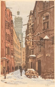 Engelbert Lap (1886-1970) Color Woodcut "Innsbrucker Altstadt im Winter" c1920s