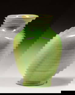Pewabic Pottery Iridescent Lime Green Vase c1930: Pewabic Pottery Iridescent Lime Green Vase c1930. Signed. Invisible professional restoration to two edge chips, otherwise perfect condition. 5.75"h x 3.75"d. FREE NATIONWIDE SHIPPING for all of your p