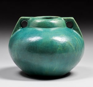 Fulper Pottery Matte Green Bulbous Two-Handled Vase c1915