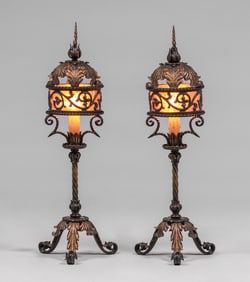 Spanish Revival Pair Hand-Wrought Iron Torchiere Lamps c1920s