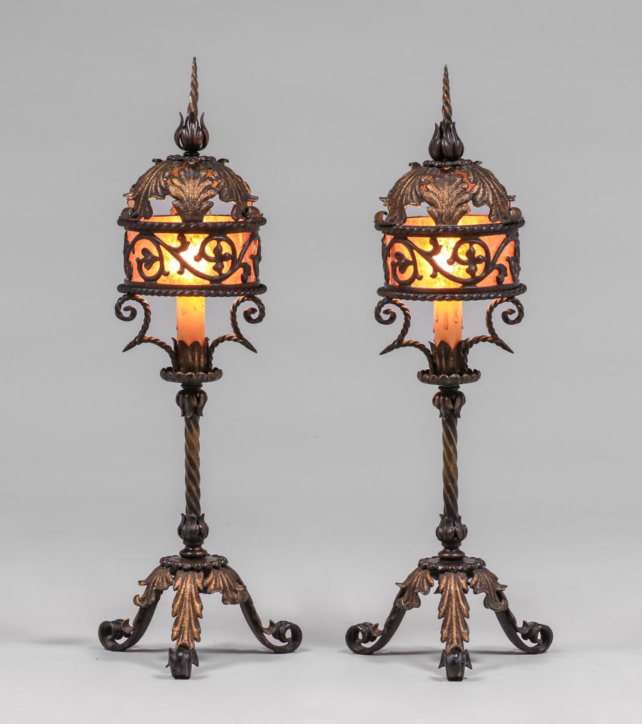 Spanish Revival Pair Hand-Wrought Iron Torchiere Lamps c1920s (1 of 13)