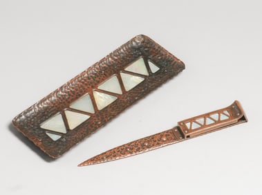 Charles Frederick Eaton Hammered Copper & Abalone Letter Opener & Pen Tray c1900s