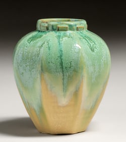 Fulper Pottery Eight-Sided Cucumber Green & Yellow Flambe Vase c1910s
