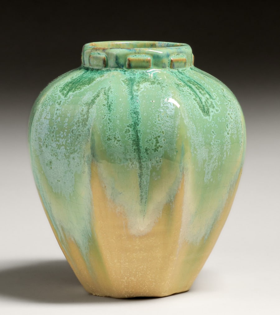 Fulper Pottery Eight-Sided Cucumber Green & Yellow Flambe Vase c1910s (1 of 4)