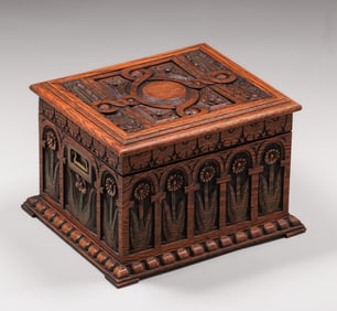 Boston Arts & Crafts Hand-Carved Oak Chest c1900s