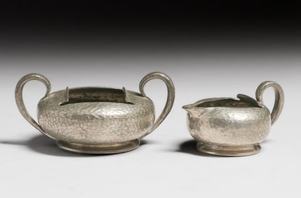 Liberty & Co #0966 "Tudric" Hammered Pewter Sugar & Creamer c1900s