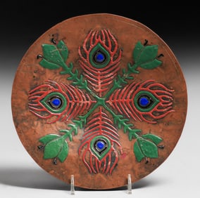 Art Crafts Shop - Buffalo Copper & Enamel Peacock Feather Tray c1905