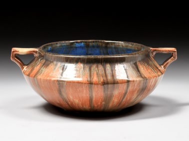 Fulper Pottery Two-Handled Mirror Black Drip & Orange Flambe Bowl c1910