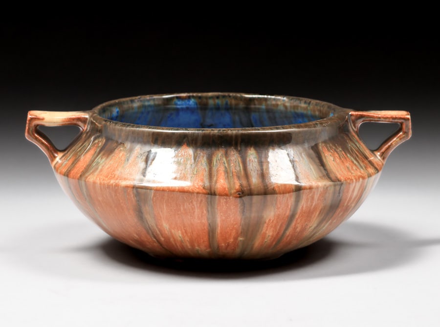 Fulper Pottery Two-Handled Mirror Black Drip & Orange Flambe Bowl c1910 (1 of 4)