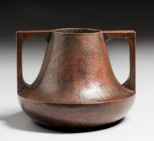 Large Arts & Crafts Hammered Copper & Brass Two-Handled Vase c1910