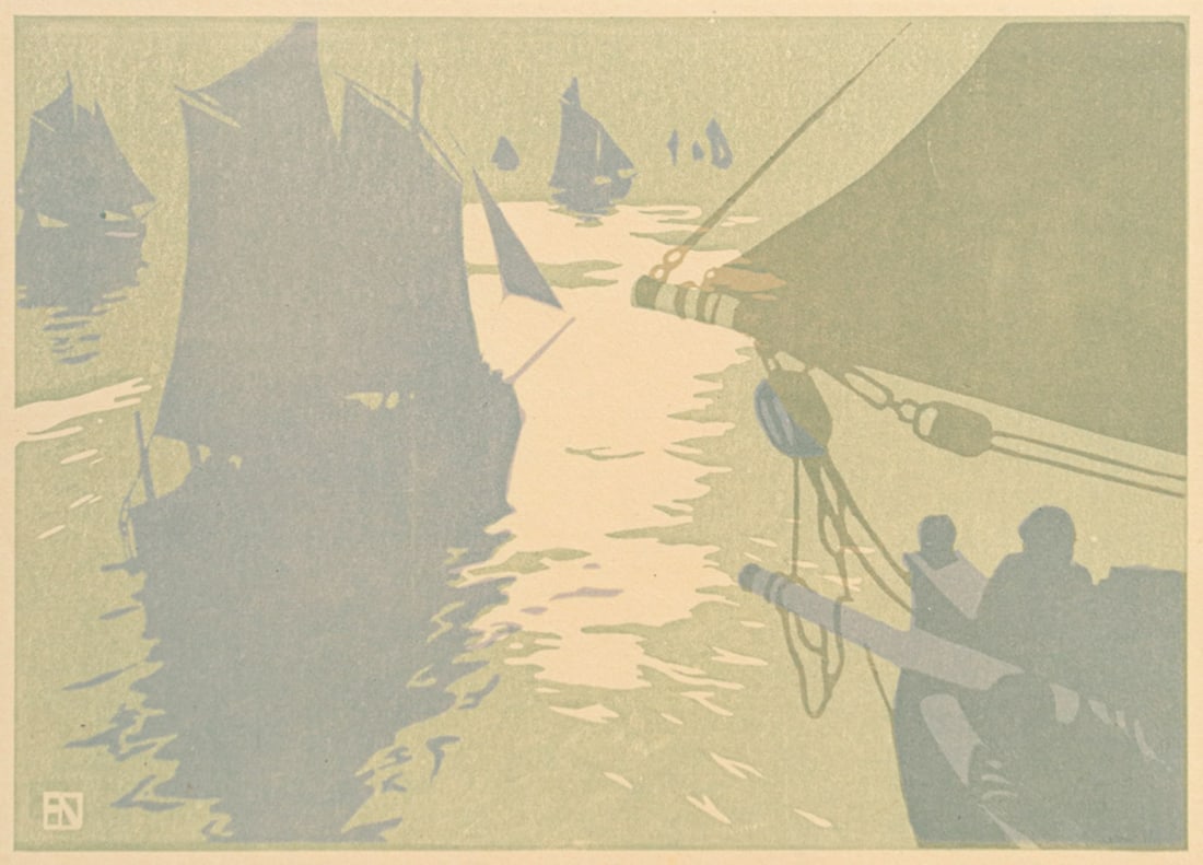 Hans Neumann (1873-1957) Color Woodcut Sailboats c1903 (1 of 5)
