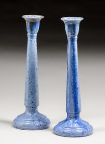 Tall Fulper Pottery Blue Crystalline Candlesticks c1917-1920