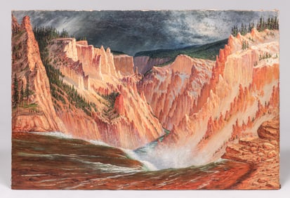 James Everett Stuart (1852-1941) Painting "Looking down the Yellowstone Cañon from the Brink of the