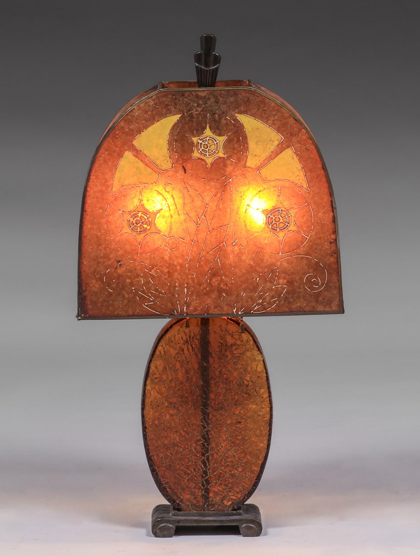 Art Deco Enameled Mica, Crackle Glass & Metal Lamp c1920s: Art Deco Enameled Mica, Crackle Glass & Metal Lamp c1920s. Unsigned. Excellent condition. 24.75"h x 13"w x 4.5"d. FREE NATIONWIDE SHIPPING for all of your purchases at our Two Day Auction within the l