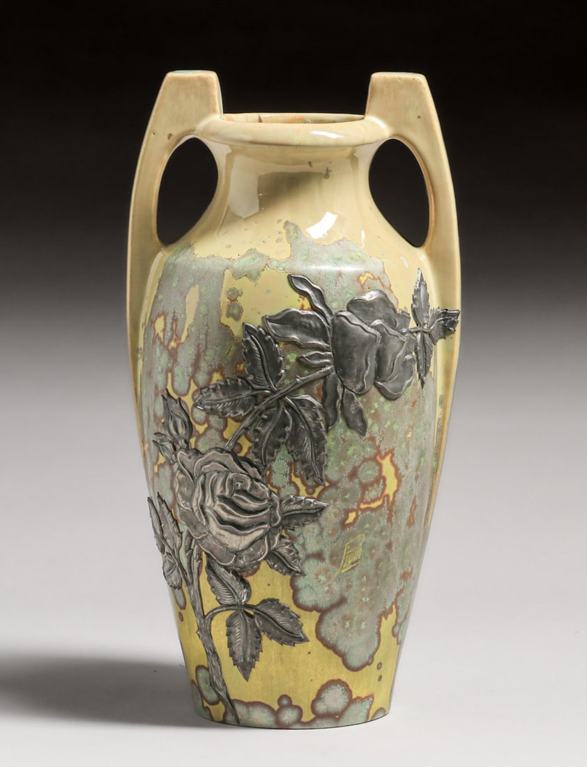 Pierrefonds - French Art Nouveau Silver Overlay Floral Crystalline Vase c1910 (1 of 7)