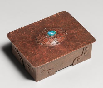 Arts & Crafts Hammered Copper & Turquoise Box c1910