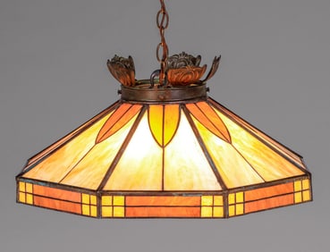 Arts & Crafts Leaded Glass Hanging Chandelier c1910s