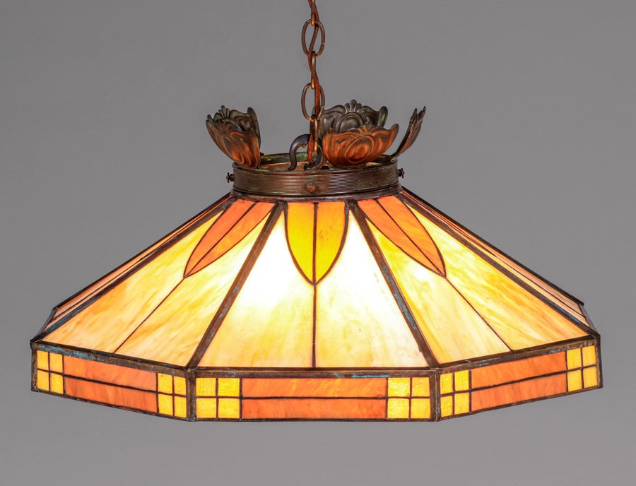 Arts & Crafts Leaded Glass Hanging Chandelier c1910s: Arts & Crafts Leaded Glass Hanging Chandelier c1910s. Unsigned. A few tight lines in leaded glass. Overall excellent condition. 24"d x 25"h overall. FREE NATIONWIDE SHIPPING for all of your purchases