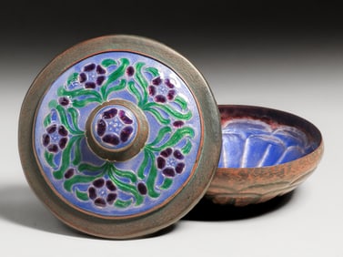 Eva Macomber, Boston Society of Arts & Crafts Hammered Copper & Enamel Large Covered Bowl c1910