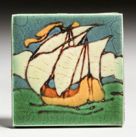 Grueby – Pardee Tile Works Galleon Ship Tile c1917-1920