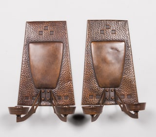 German Secessionist Hammered Brass Candlestick Sconces c1900s