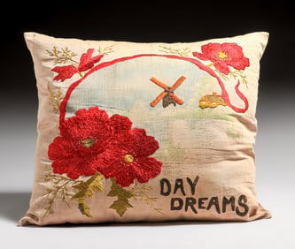 Arts & Crafts Hand Embroidered "Day Dreams" Pillow c1910