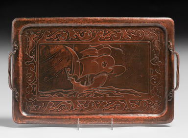 Early Craftsman Studios - Brooklyn Hammered Copper Acid-Etched Galleon Ship Serving Tray c1917-1920