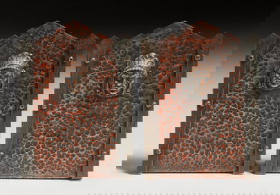 Arts & Crafts Hammered Copper Native American Bookends c1910