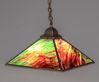 Arts & Crafts Period Brass & Slag Glass Hanging Light c1910