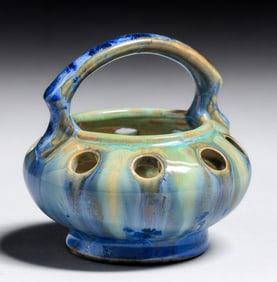 Pierrefonds - French Miniature One-Handled Crystalline Basket Vase c1910