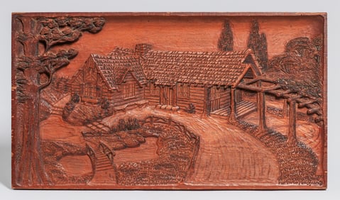 Wood Art Products - Chicago Hand-Carved Cottage & Forest Scene c1910