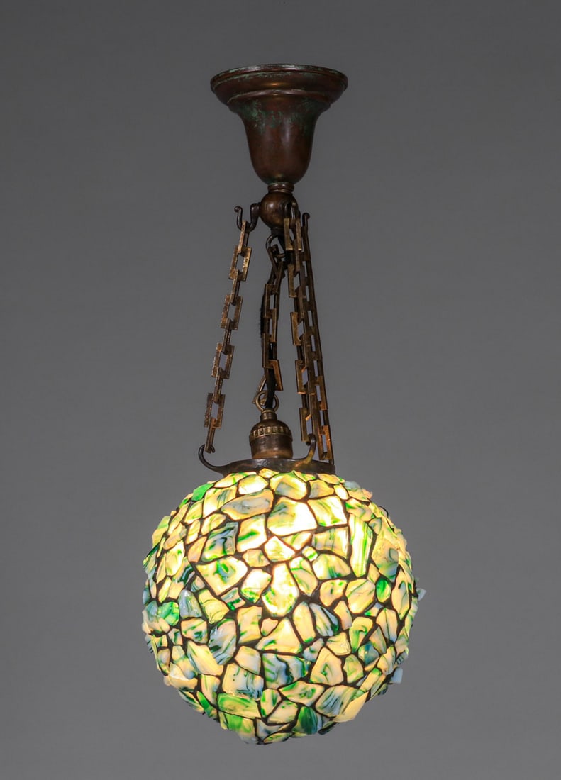 Arts & Crafts Period Austrian Chunk Glass Spherical Hanging Light c1910 (1 of 5)