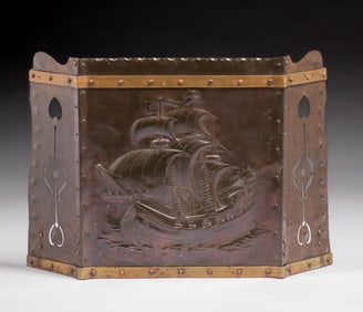 Arts & Crafts Hammered Copper & Brass Repousse & Cutout Galleon Ship Fire Screen c1900s