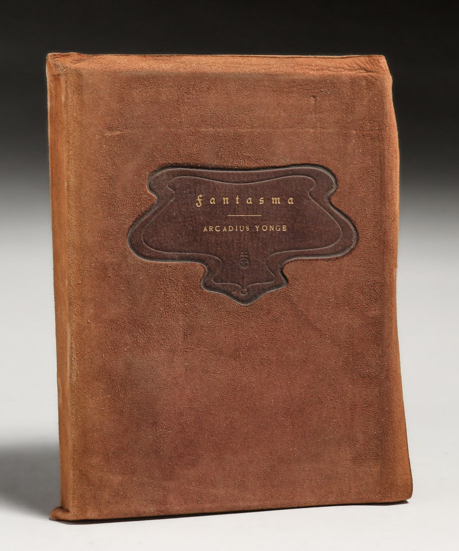 Roycroft Suede Leather Book "Fantasma" Arcadius Yonge 1903: Roycroft Suede Leather Book "Fantasma" Arcadius Yonge 1903. Samuel Warner artwork. Inscribed by the author under his non pen name James Carlton Young to Captain Charles E Putnam. Excellent condition.