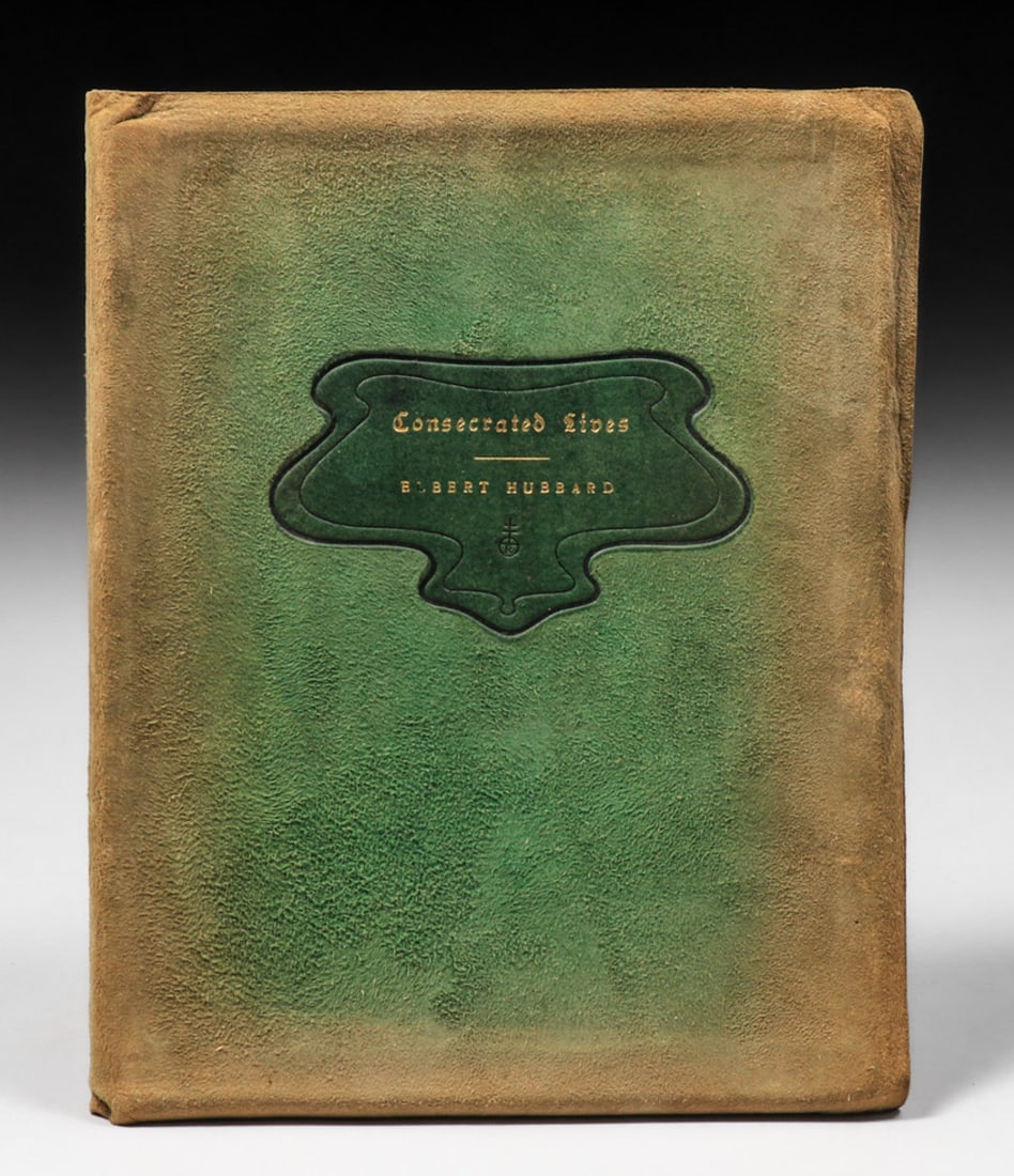 Roycroft Suede Leather Book "Consecrated Lives" Elbert Hubbard 1904: Roycroft Suede Leather Book "Consecrated Lives" Elbert Hubbard 1904. Some fading to original green cover, otherwise excellent condition. 9"h x 7"w. FREE NATIONWIDE SHIPPING for all of your purchases a