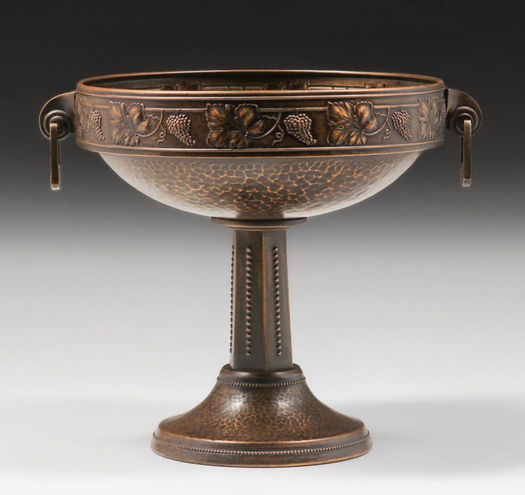 WMF - German Hammered Brass Two-Handled Standing Fruit Bowl c1905 (1 of 5)