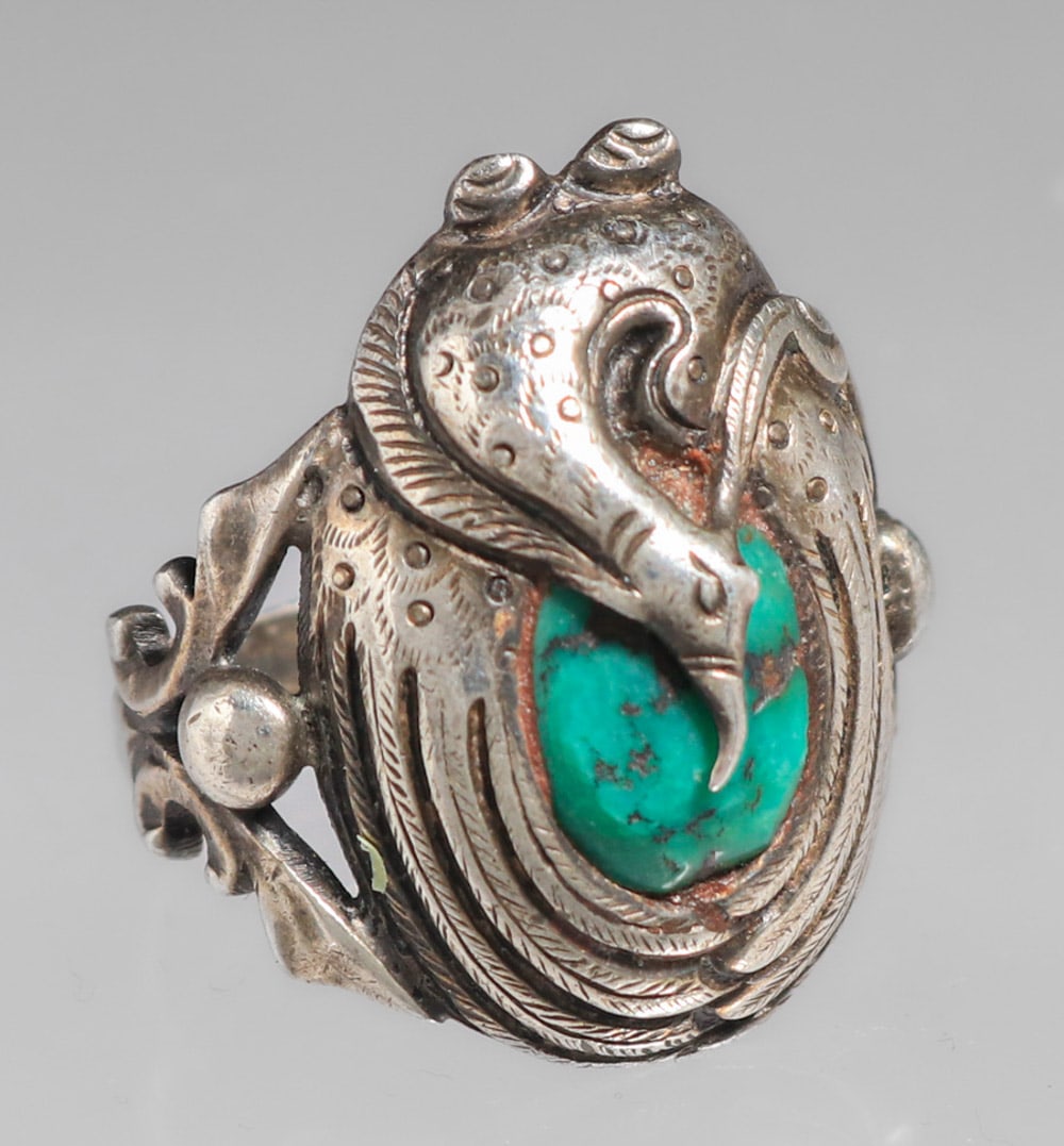 Arts & Crafts Period Sterling Silver & Turquoise Peacock Ring c1910 (1 of 6)