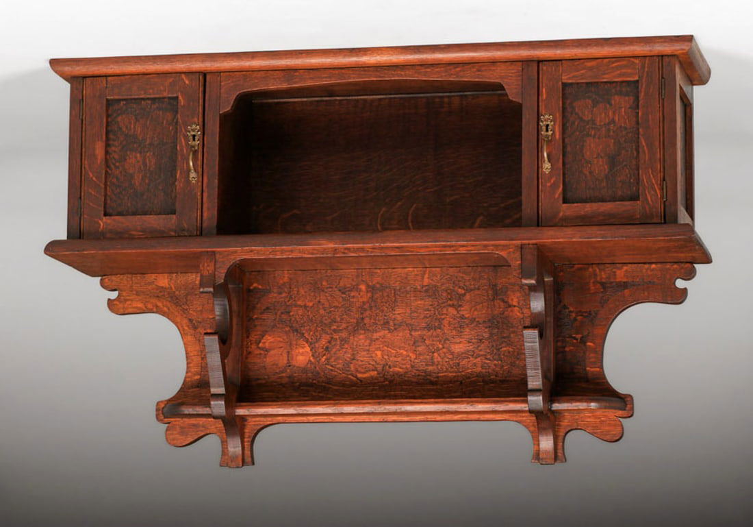 Arts & Crafts Period Pyrography Hanging Wall Shelf c1910 (1 of 3)