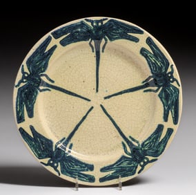 Rare Early Pewabic Pottery Iridescent Crackleware Dragonfly Plate c1905